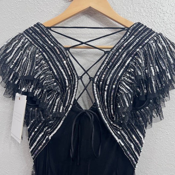 NEW $698 MAC DUGGAL 5568 BLACK SILVER SEQUINED CUTOUT V-NECK LACE UP GOWN Sz 12 - Picture 8 of 17